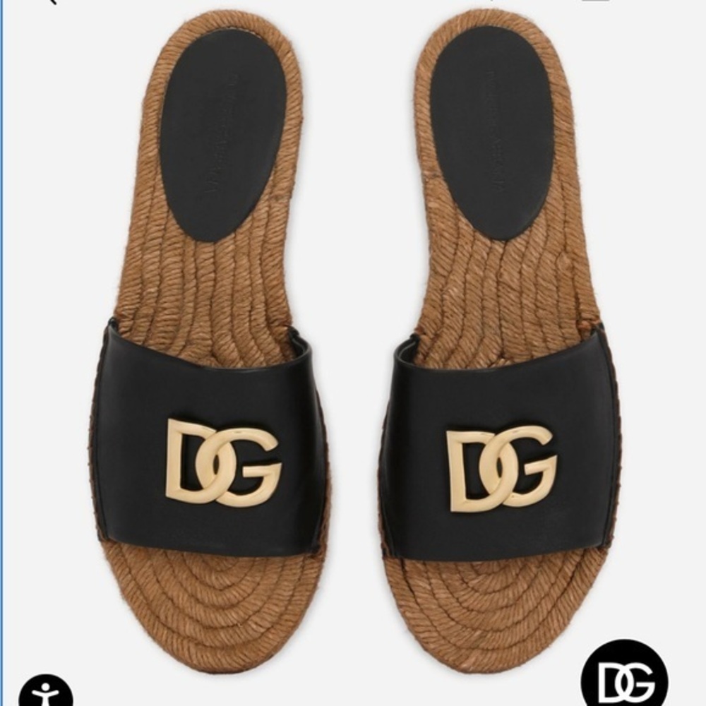 Dolce & Gabbana Nappa Leather Espadrille Sliders with DG Logo Black Size 40 NWOB